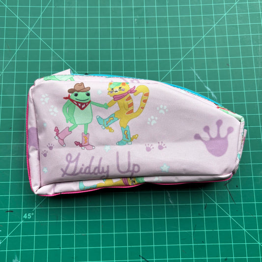 Top tube bag - Dancing cat and frog fabric w/ blue zipper & pink webbing