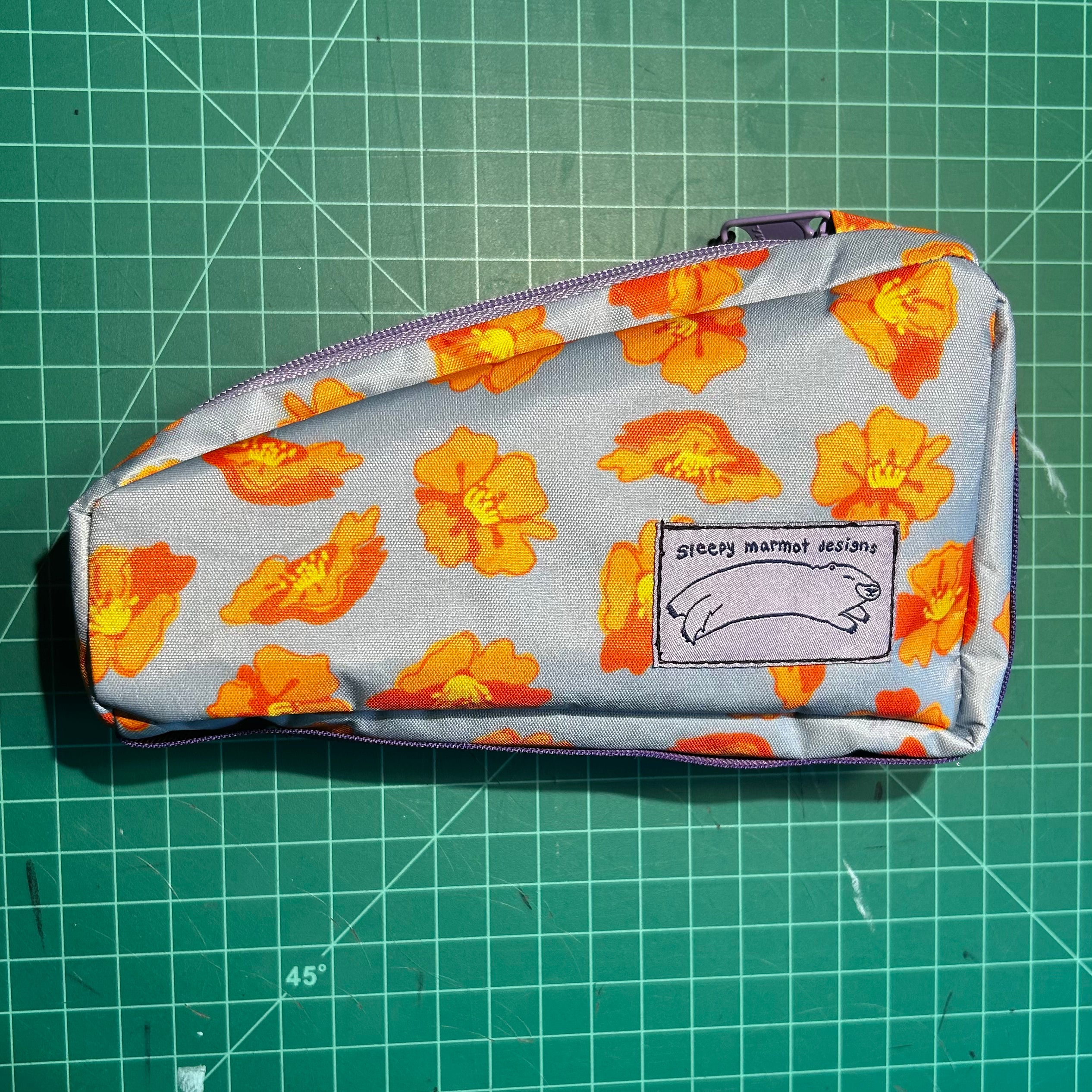 Top tube bag - Orange Flowers w/ purple zipper and purple webbing