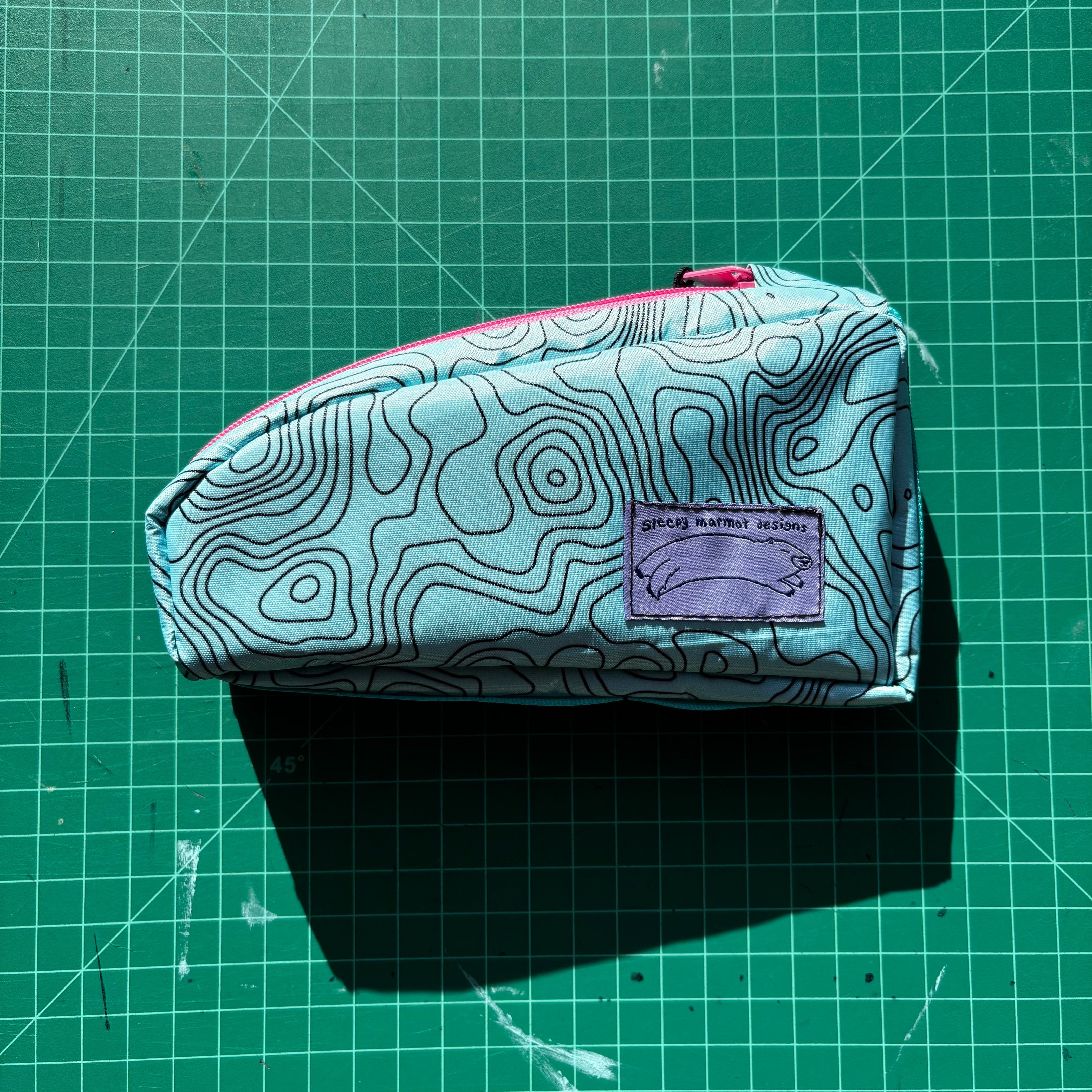 Top tube bag - Blue topo print w/ pink zipper & blue webbing