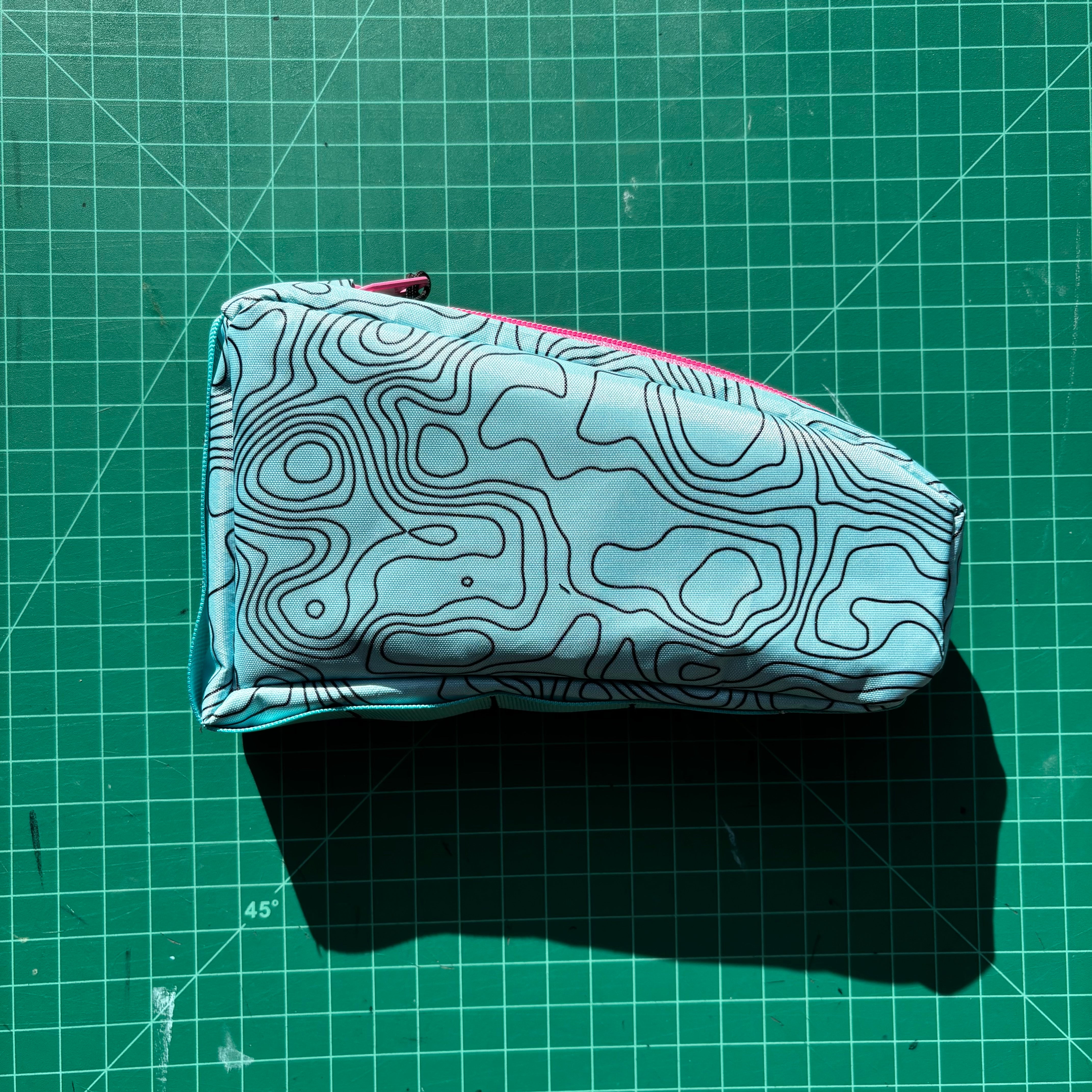 Top tube bag - Blue topo print w/ pink zipper & blue webbing