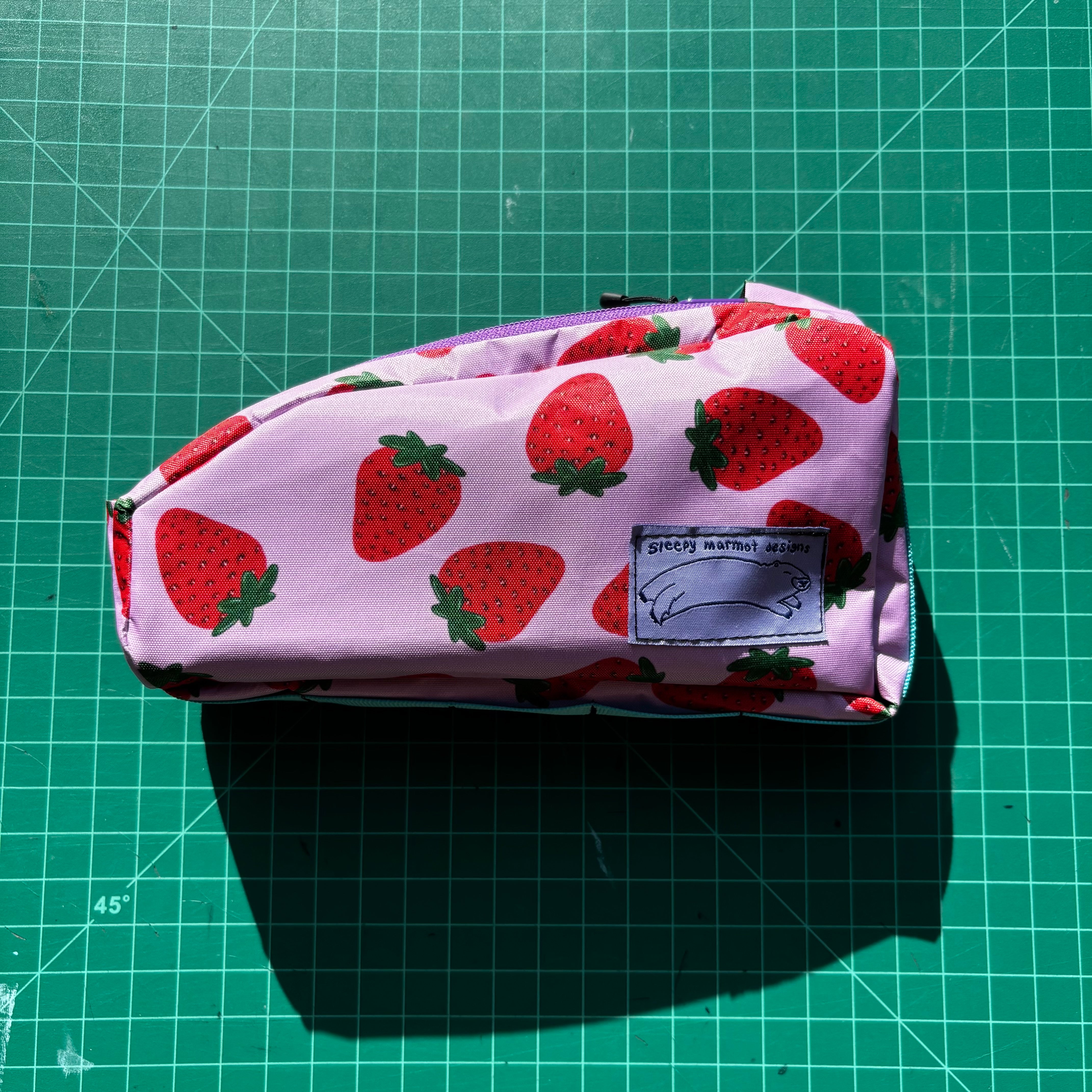 Top tube bag - Strawberry print w/ purple zipper & blue webbing