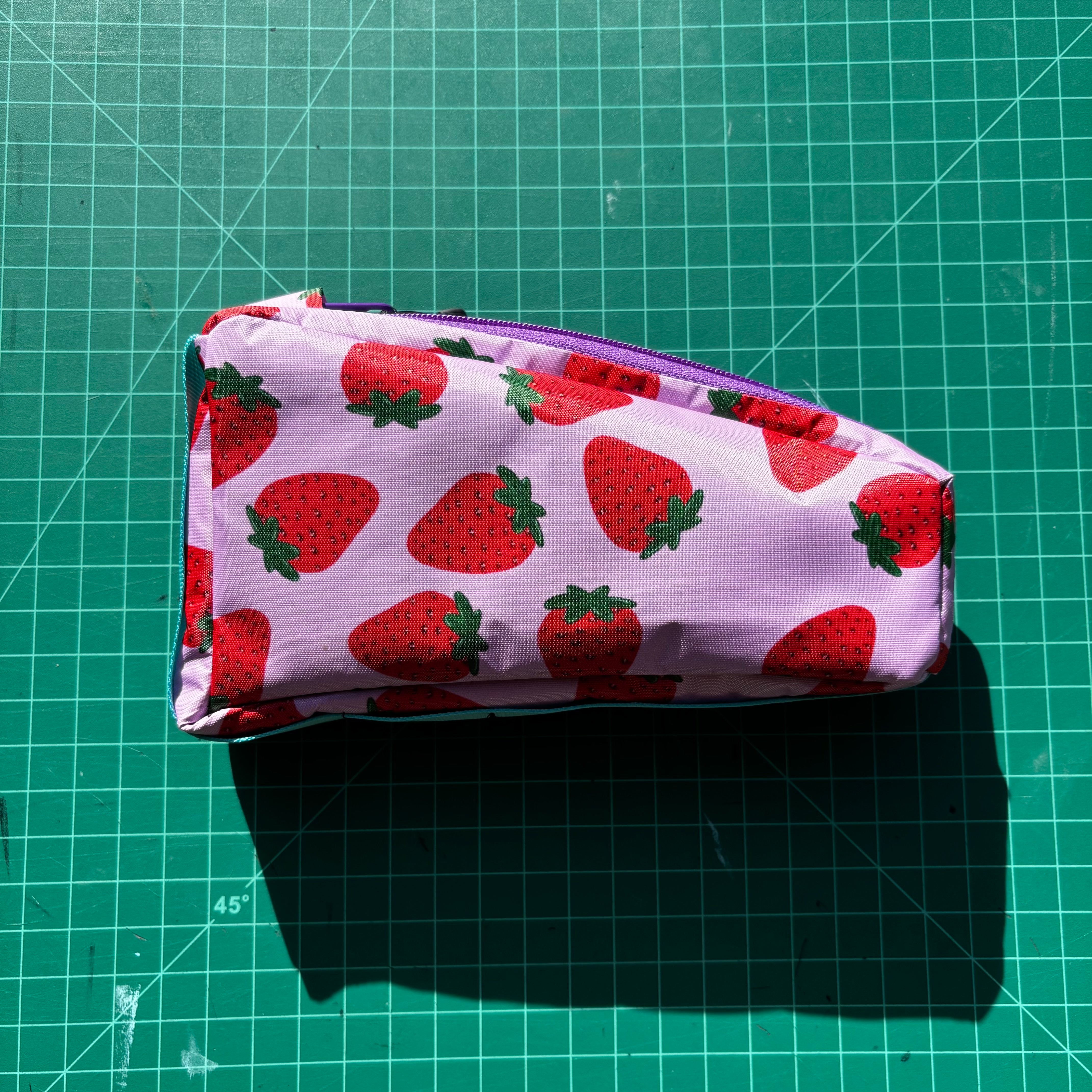 Top tube bag - Strawberry print w/ purple zipper & blue webbing