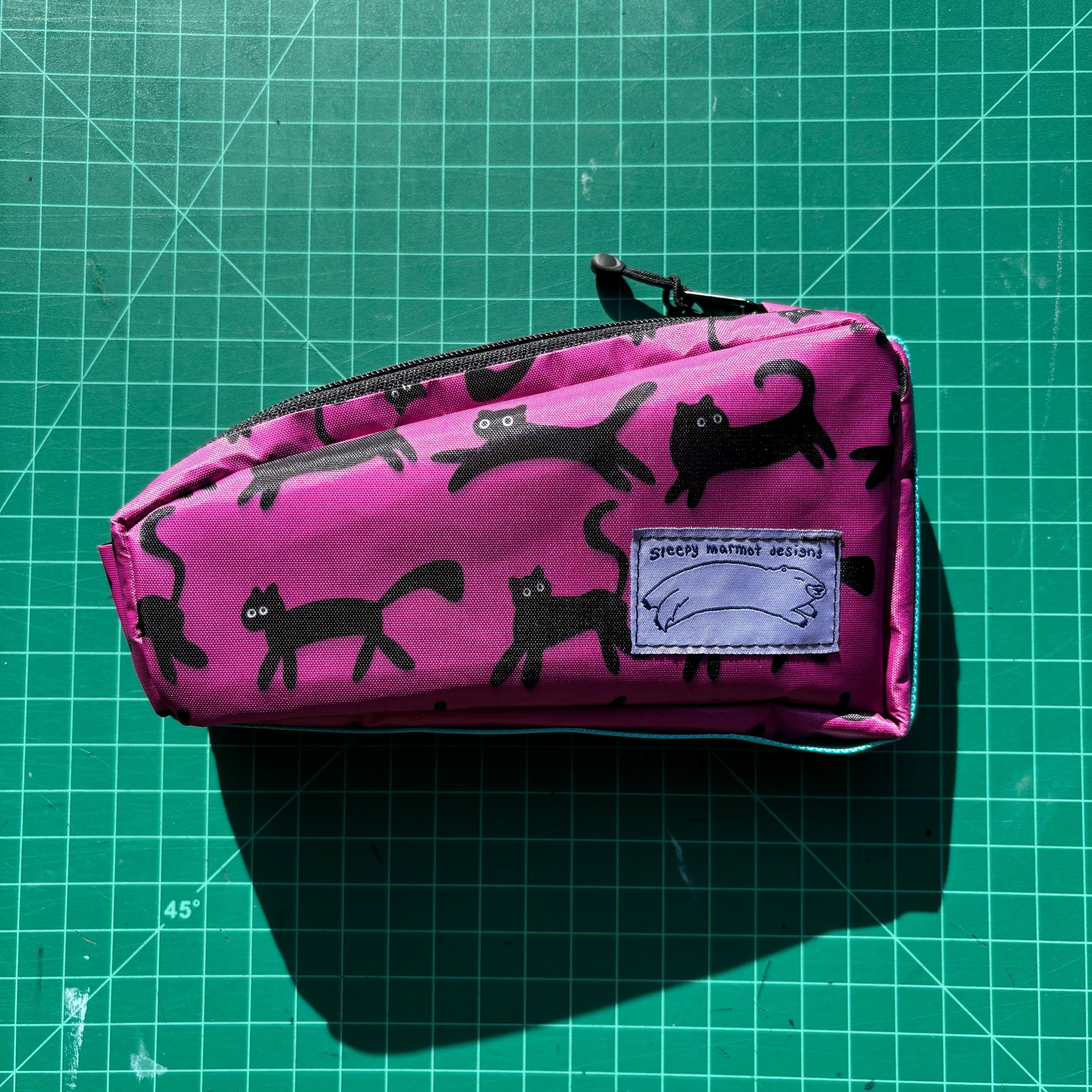 Top tube bag - Pink cat print w/ black zipper & blue webbing
