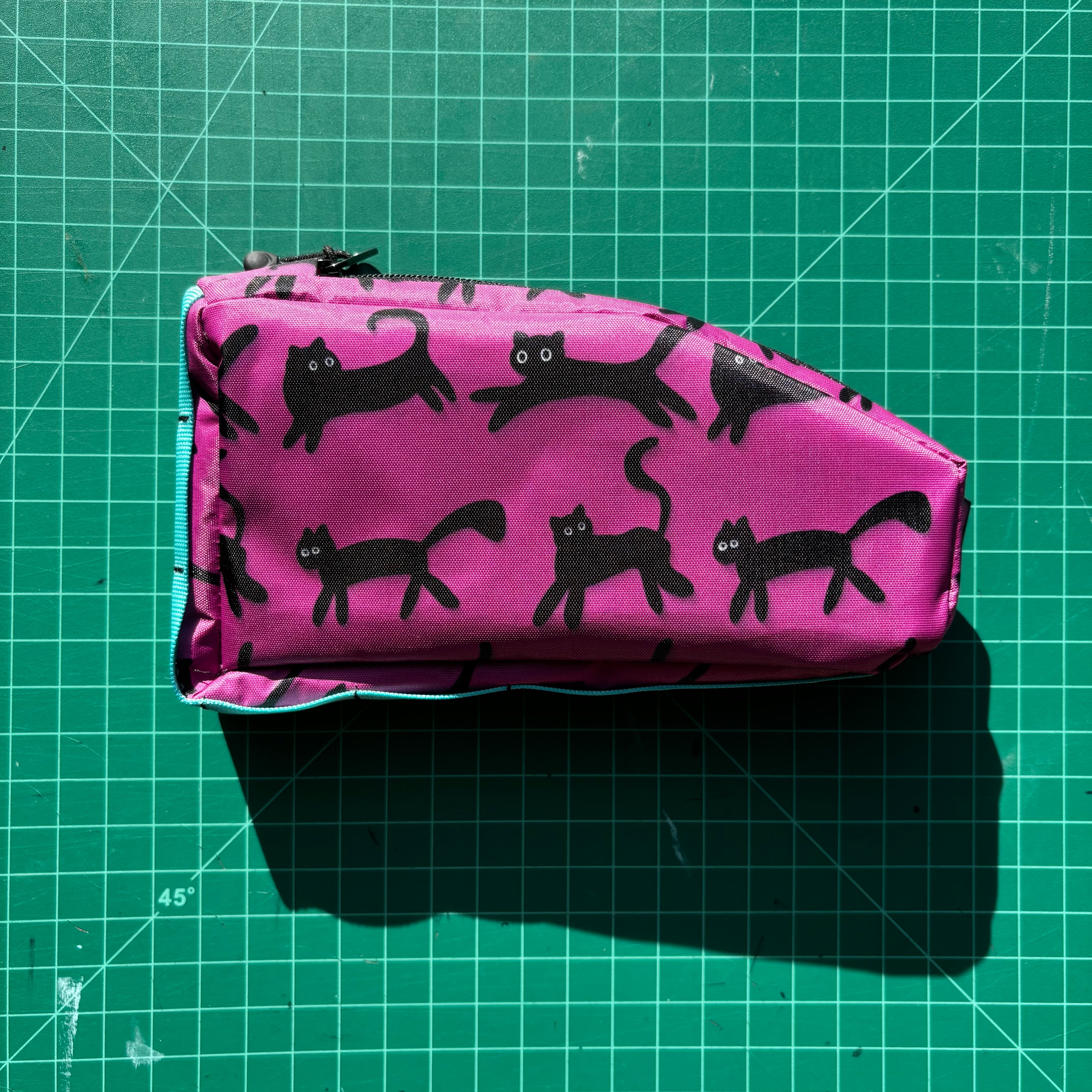 Top tube bag - Pink cat print w/ black zipper & blue webbing