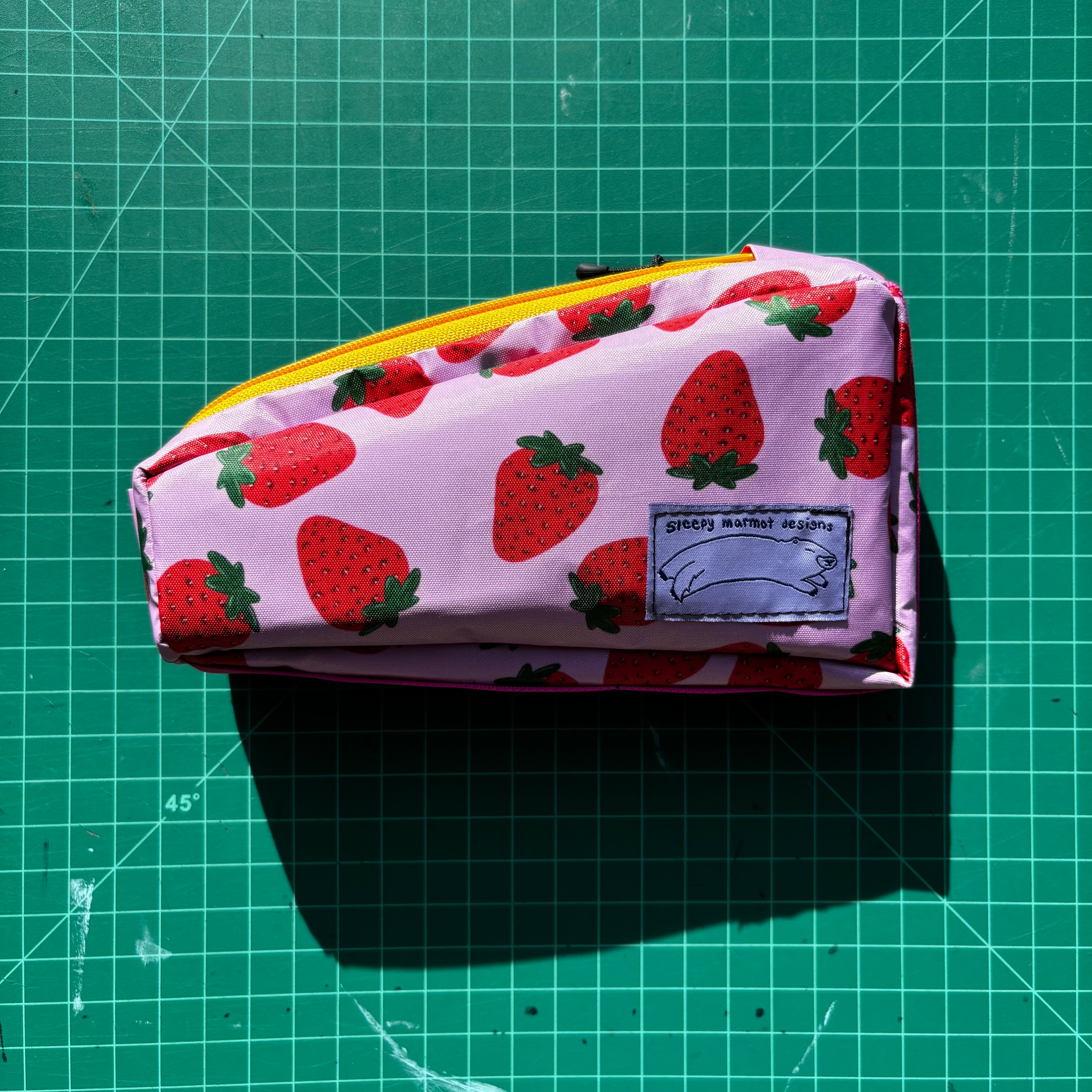 Top tube bag - Strawberry print w/ yellow zipper & pink webbing