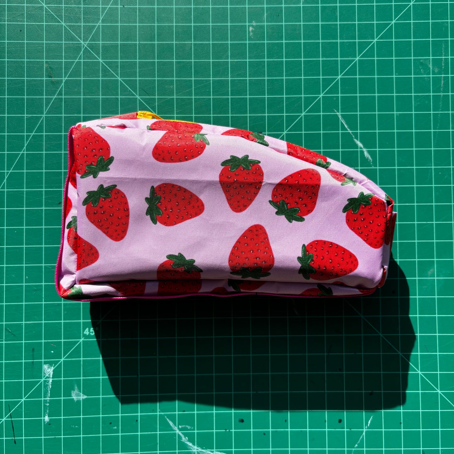 Top tube bag - Strawberry print w/ yellow zipper & pink webbing