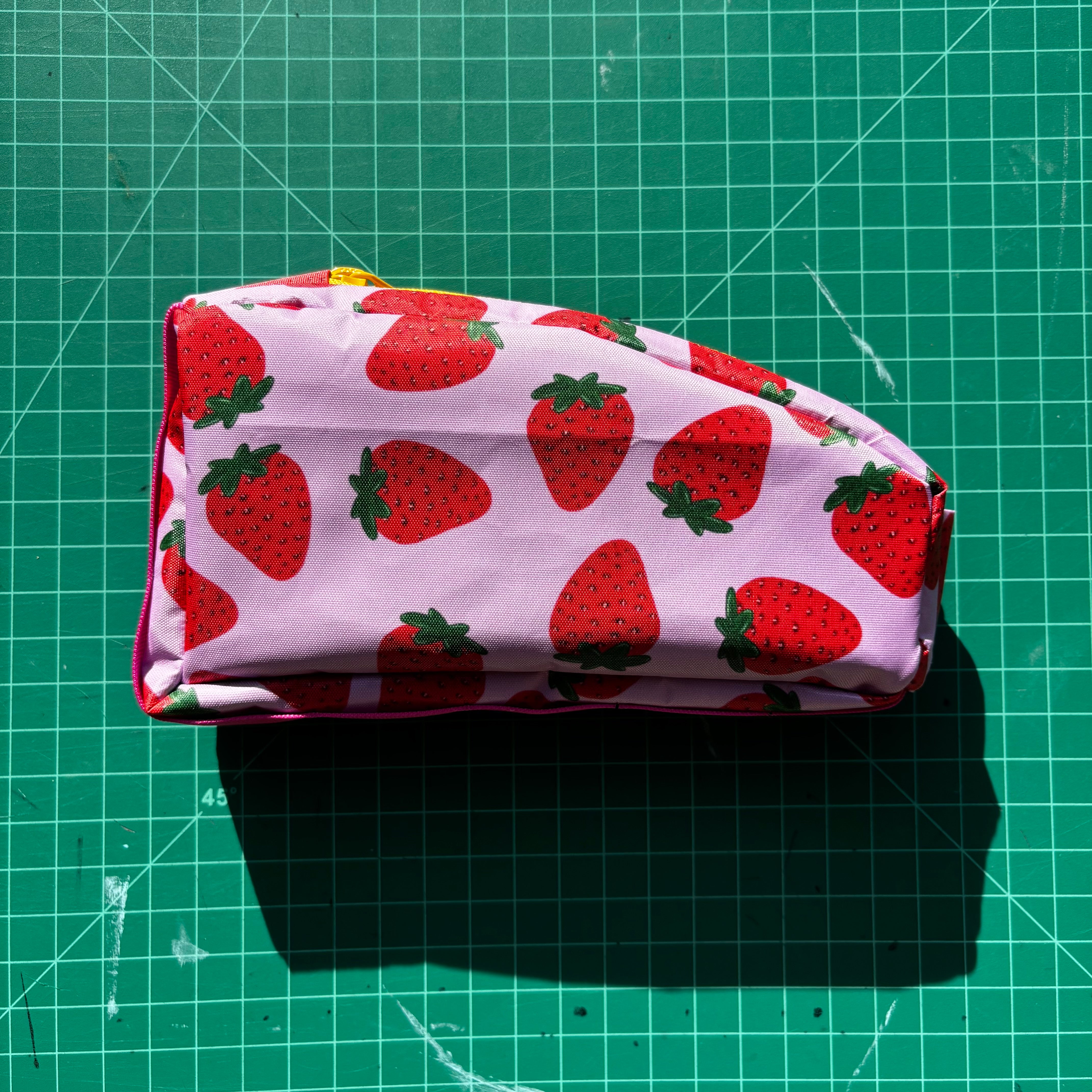 Top tube bag - Strawberry print w/ yellow zipper & pink webbing