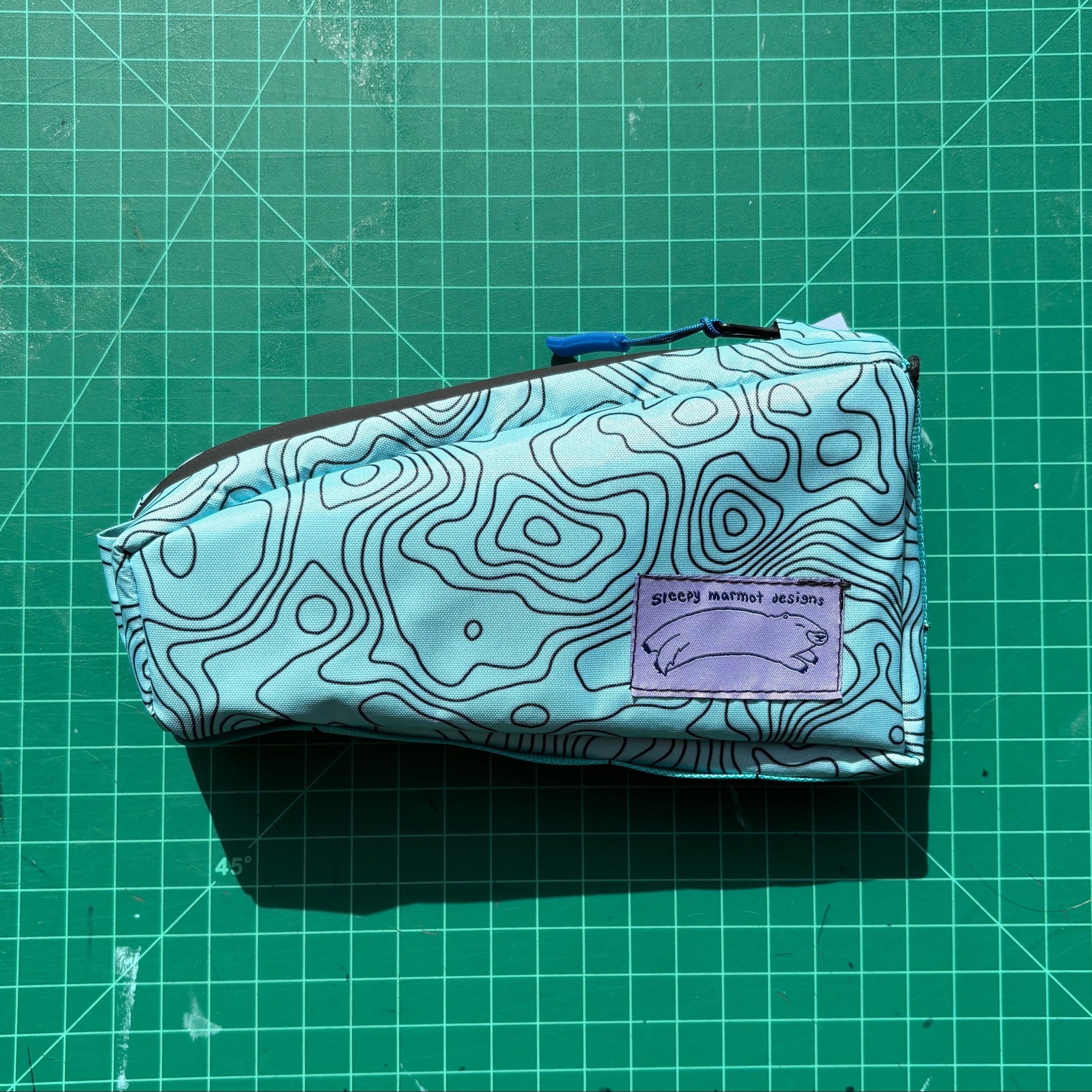 Top tube bag - Topo print w/ black zipper & blue webbing