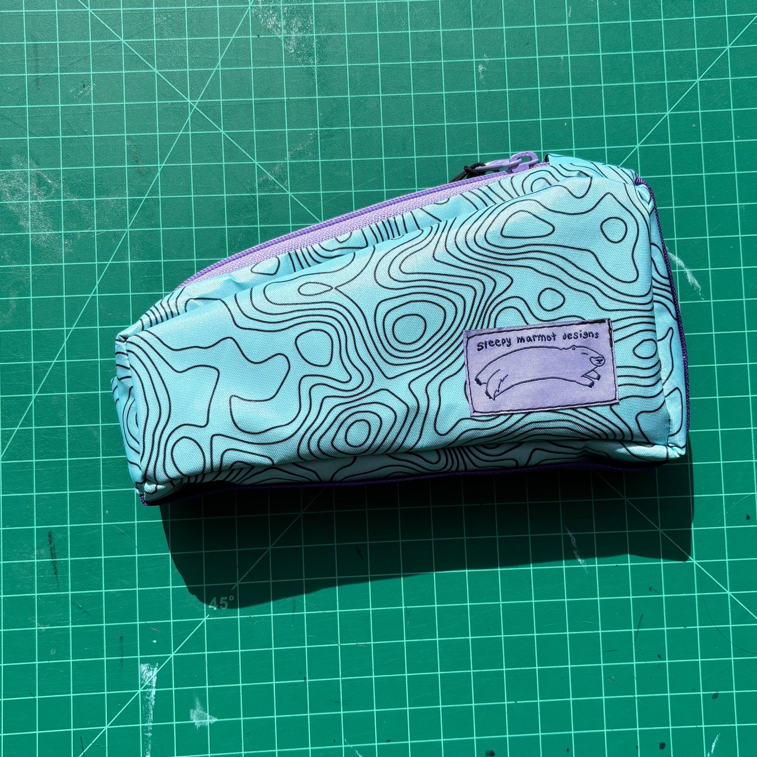 Top tube bag - Topo print w/ purple zipper & purple webbing