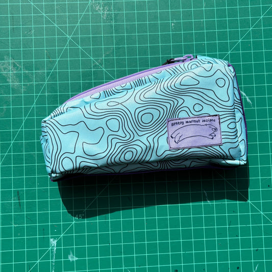 Top tube bag - Topo print w/ purple zipper & purple webbing