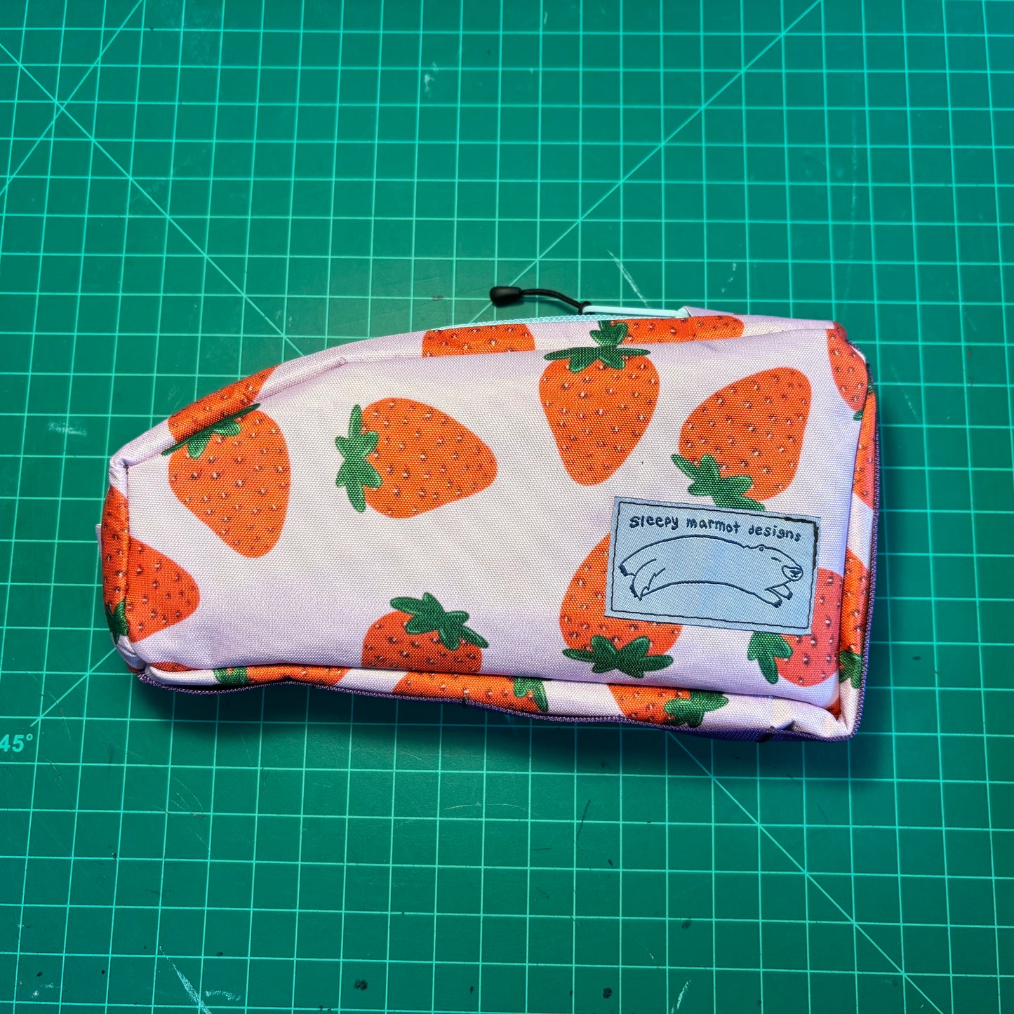 Top tube bag - Strawberry print w/ light blue zipper & purple webbing