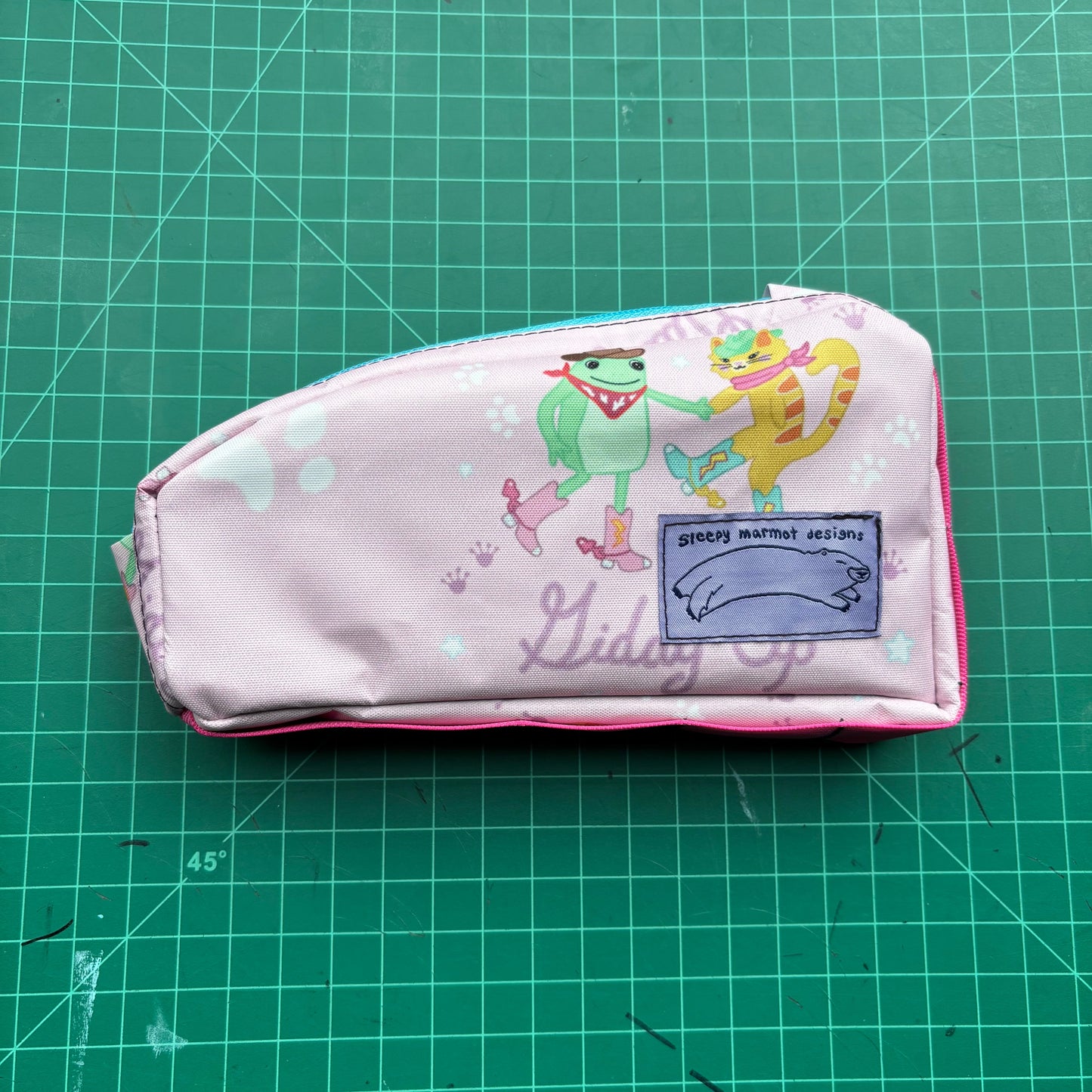 Top tube bag - Dancing cat and frog fabric w/ blue zipper & pink webbing