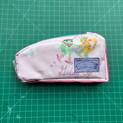 Top tube bag - Dancing cat and frog fabric w/ blue zipper & pink webbing