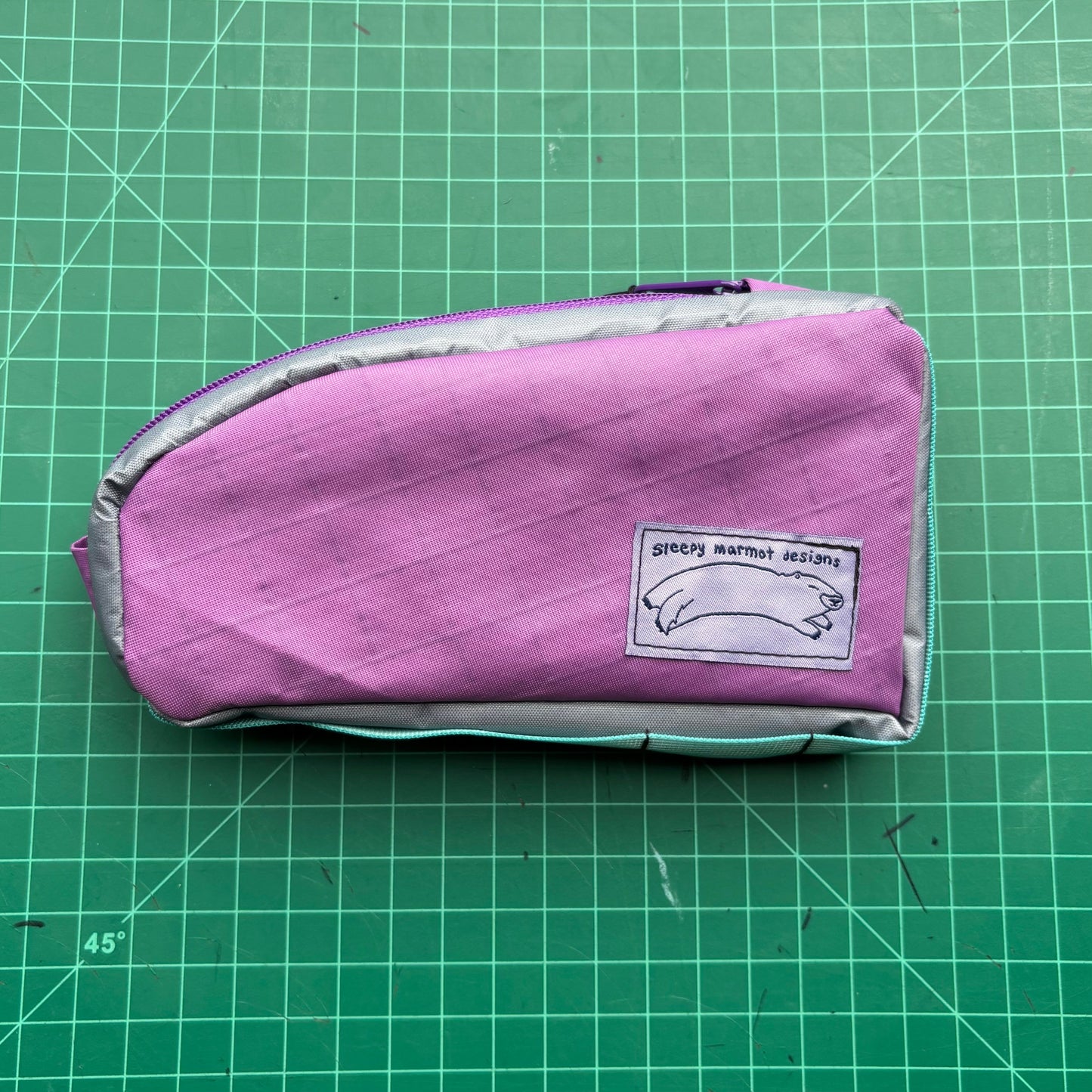 Top tube bag - Purple and gray fabric w/ purple zipper & blue webbing