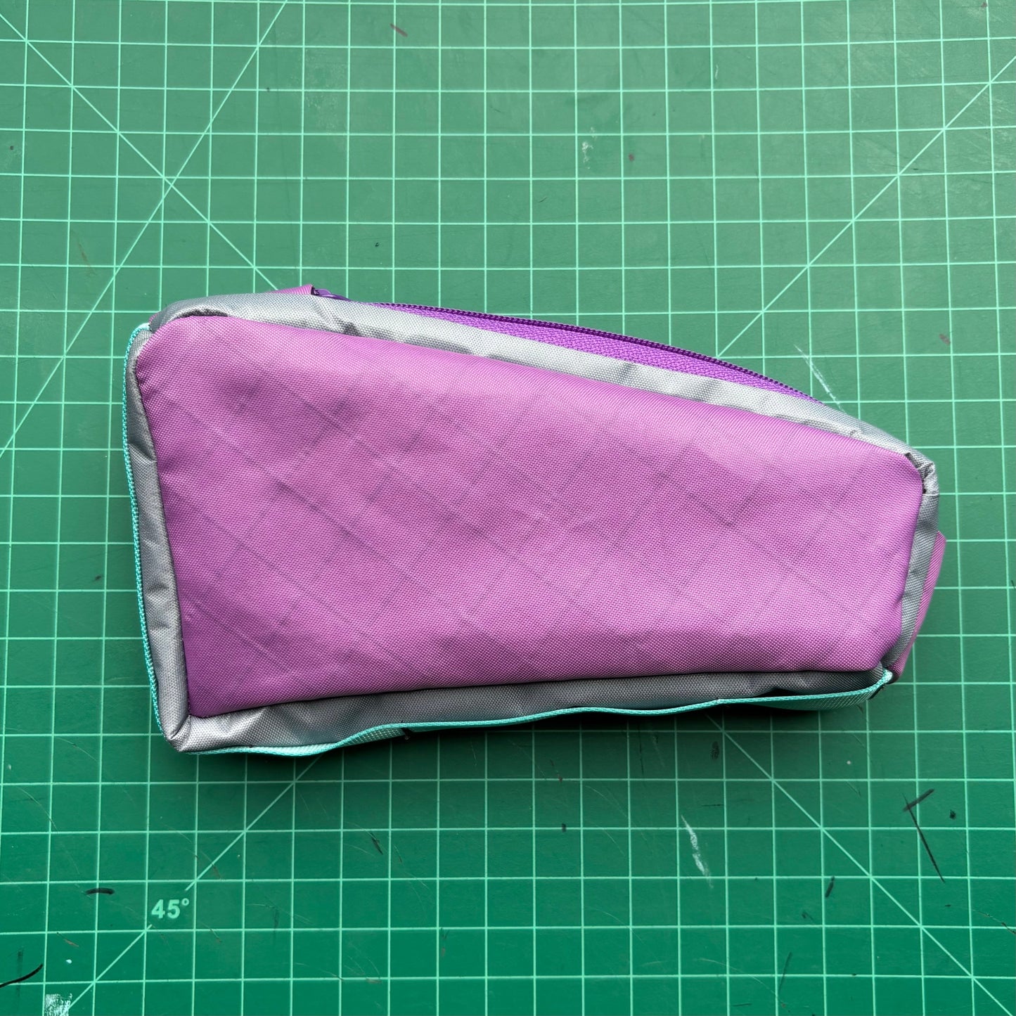 Top tube bag - Purple and gray fabric w/ purple zipper & blue webbing