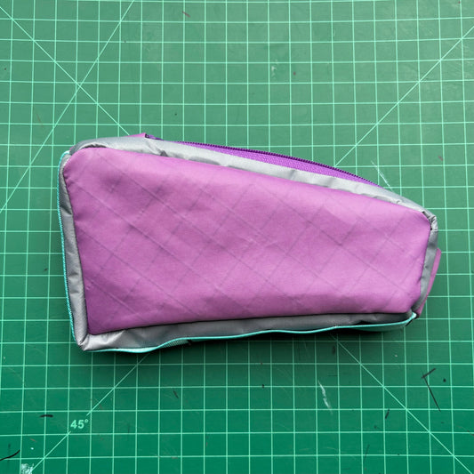 Top tube bag - Purple and gray fabric w/ purple zipper & blue webbing