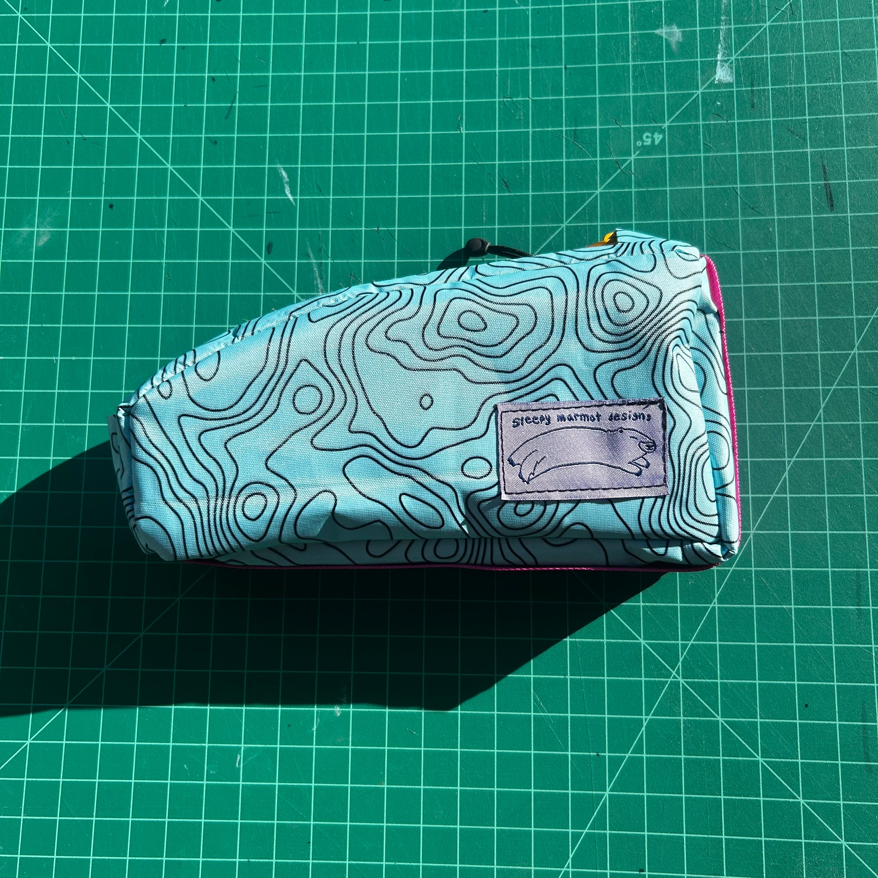 Top tube bag - Blue Topo print w/ pink webbing & yellow zipper