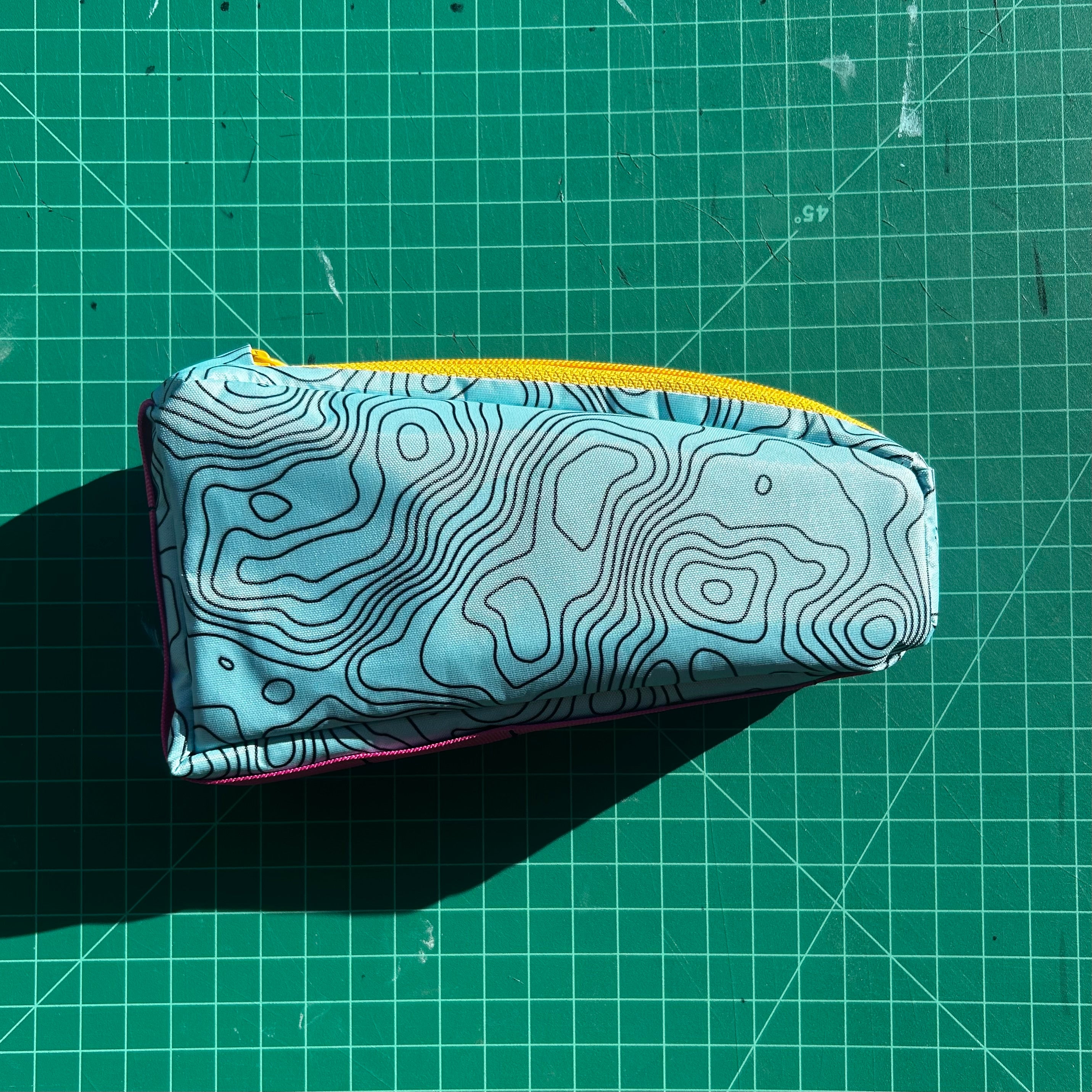 Top tube bag - Blue Topo print w/ pink webbing & yellow zipper