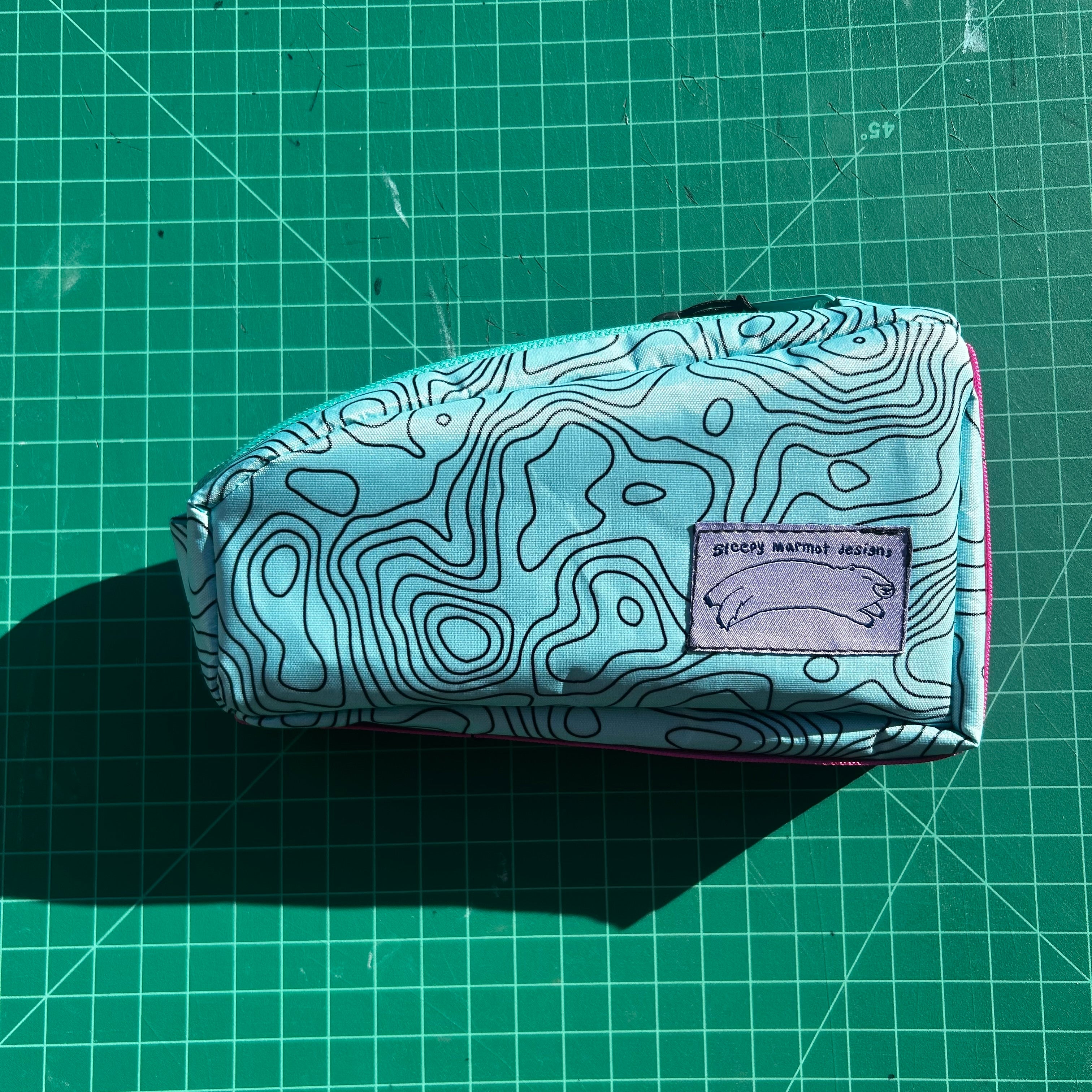 Top tube bag - Blue Topo print w/ pink webbing & blue zipper