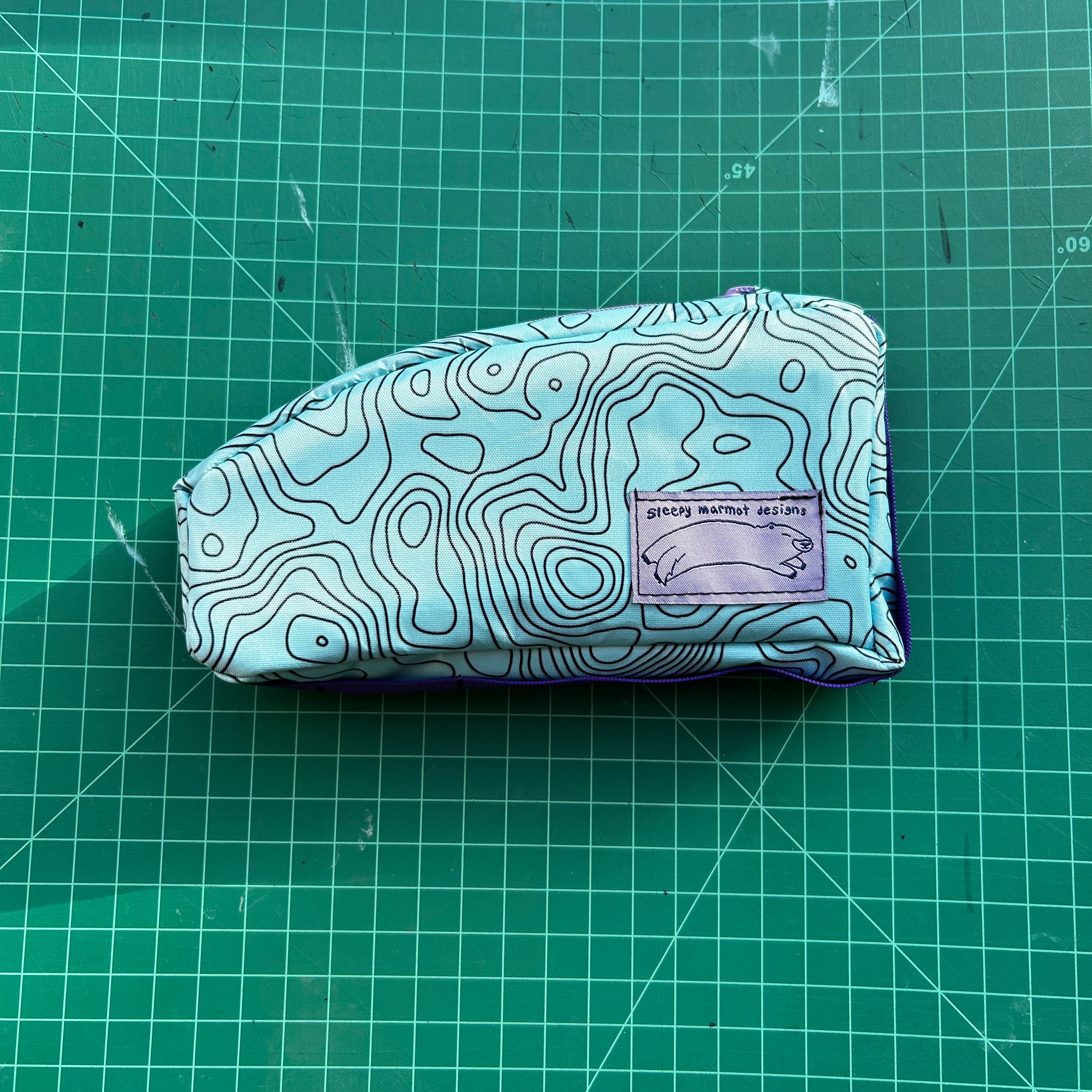 Top tube bag - Blue Topo print w/ purple webbing & purple zipper