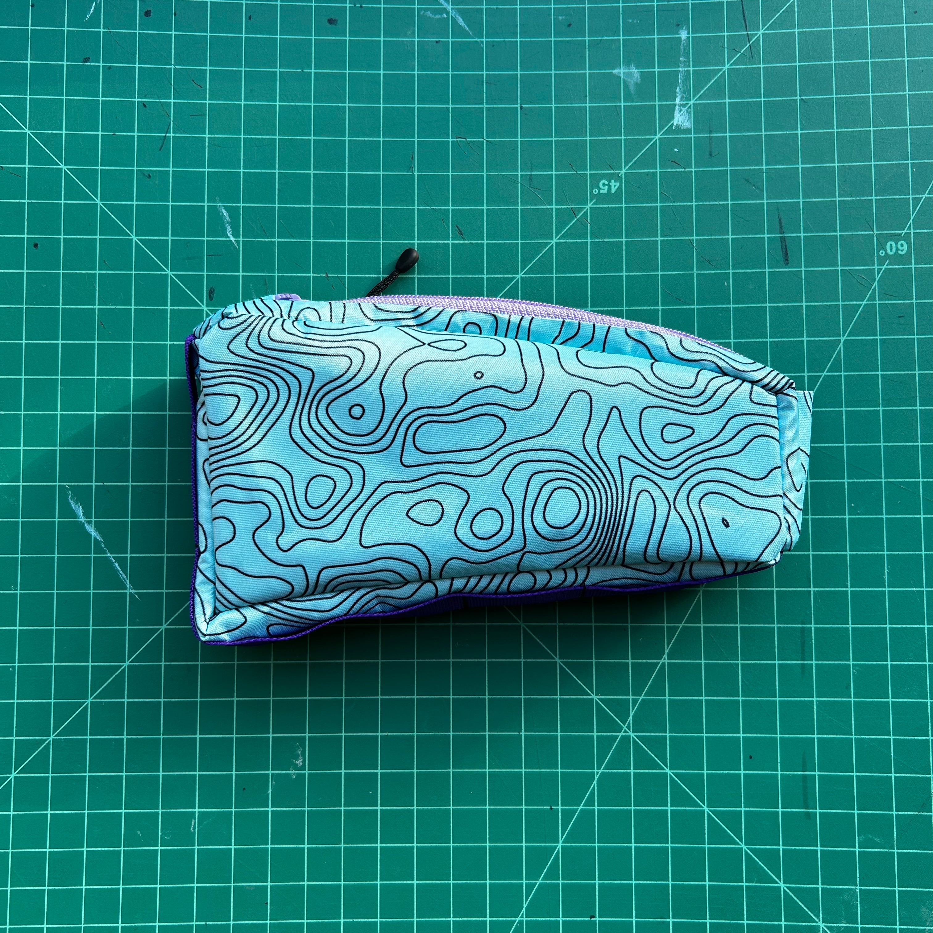 Top tube bag - Blue Topo print w/ purple webbing & purple zipper