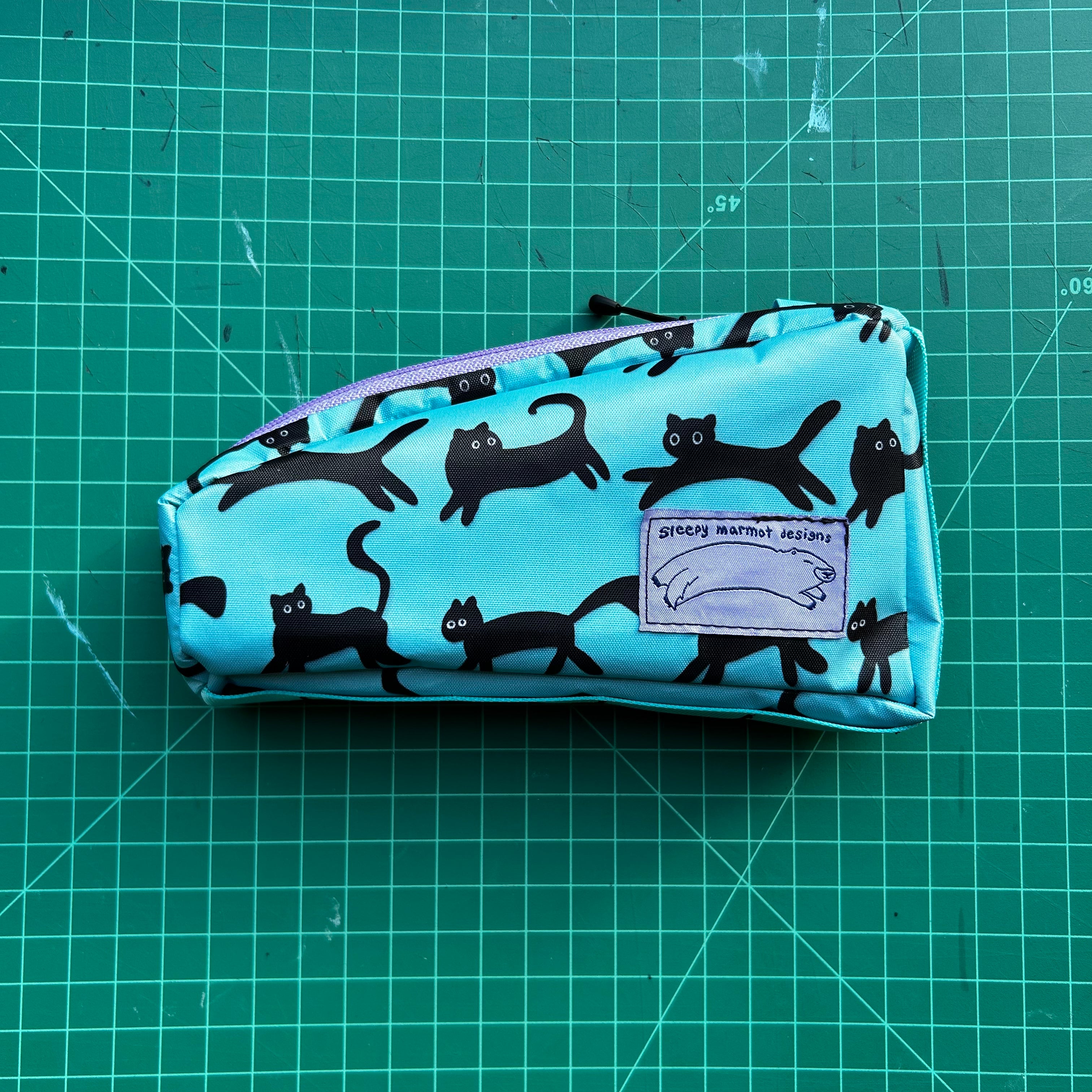 Top tube bag - Black cat w/ blue webbing & purple zipper