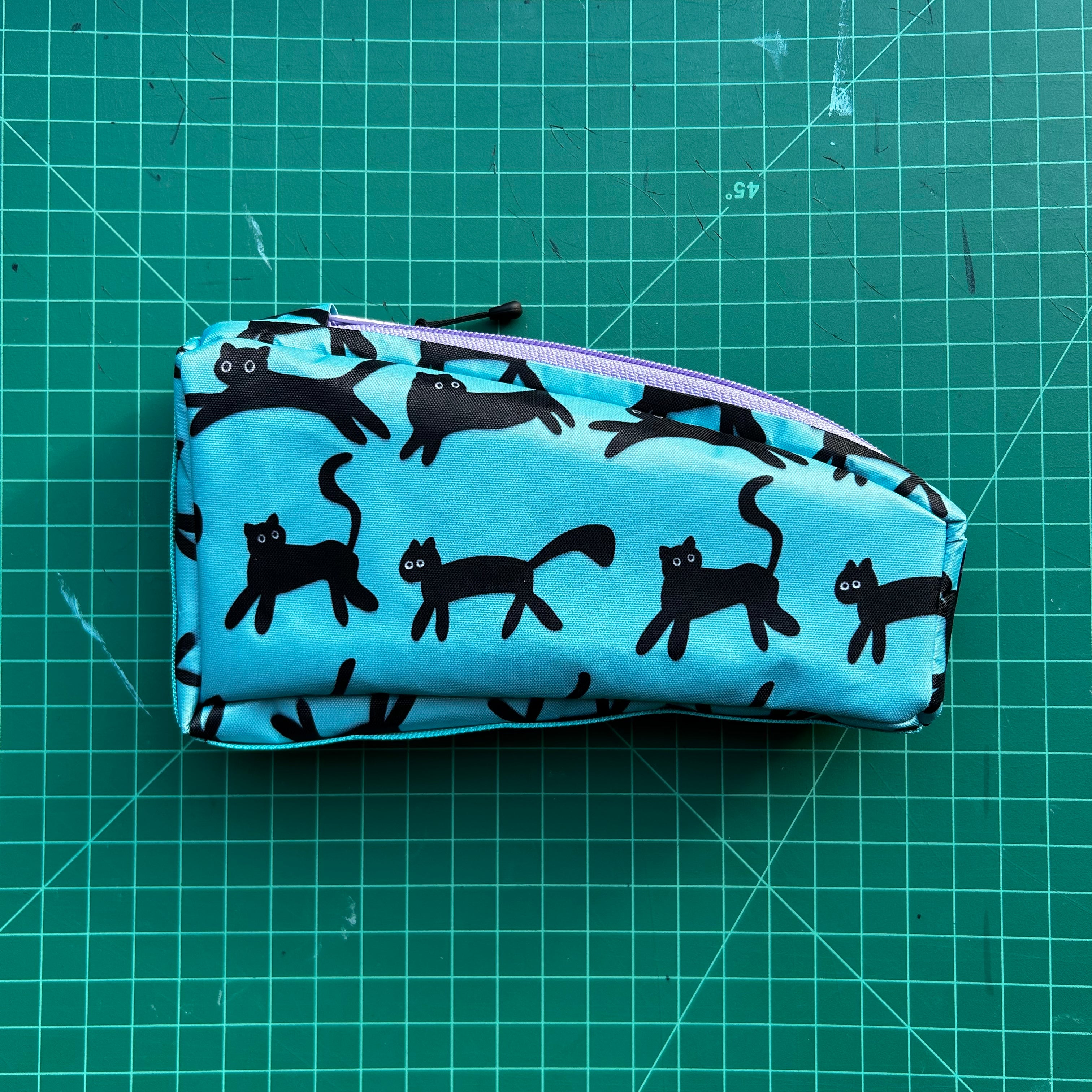 Top tube bag - Black cat w/ blue webbing & purple zipper