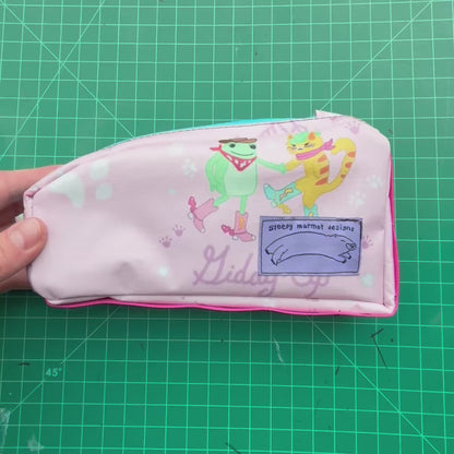 Top tube bag - Dancing cat and frog fabric w/ blue zipper & pink webbing