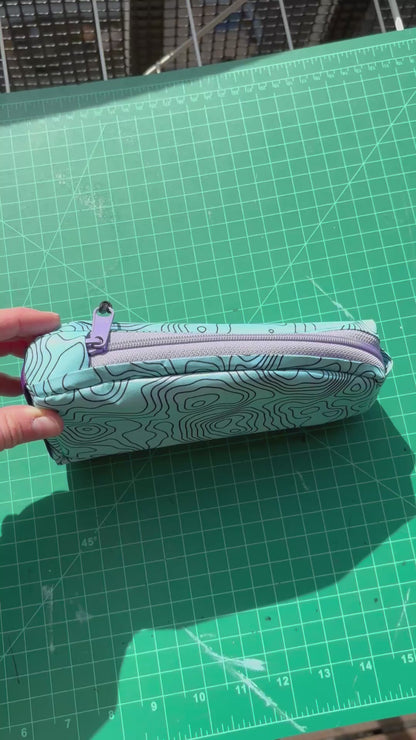 Top tube bag - Topo print w/ purple zipper & purple webbing