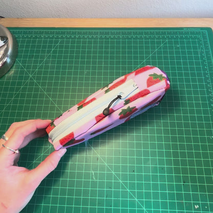 Top tube bag - Strawberry print w/ light blue zipper & purple webbing